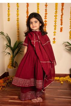 Solid Maroon Cotton Gota Lace Detailing Anarkali Set | Anarkali kurta set with dupatta – Ria Fashions Maroon Anarkali, Maroon Lehenga, Beaded Maxi Dress, Cotton Frocks, Frock For Women, Kurta Neck Design, Anarkali Kurta, Cotton Dupatta