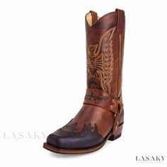 Lasaky - Embroidered Leather Boots with Square Toe and Low Heel: A Stylish Addition to Your Wardrobe Red Bridal Shoes, Boot Covers, Brown Riding Boots, Short Leather Boots, Low Heel Boots, Buckles Fashion, Equestrian Boots, Elegant Heels, Embroidered Leather