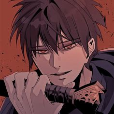 an anime character with black hair and red eyes holding a knife in his hand, looking at the camera