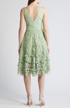 A floral-embroidered mesh skirt floats over the minidress base layer of this alluring midi that can easily dance the night away. 44 1/2" length (size Medium) Hidden back-zip closure Deep V-neck Lined 100% nylon Dry clean or hand wash, line dry Imported Sheer V-neck Lace Dress For Spring, Floral Embellished Midi Cocktail Dress, Floral Embellished Midi Dress For Cocktail, Spring A-line Embroidered Party Dress, Formal Floral Applique Midi Dress, Elegant Green Dress With Floral Applique, Lace A-line Dress With Floral Applique, Sleeveless Floral Applique Midi Dress For Evening, Floral Embellished V-neck Gala Dress