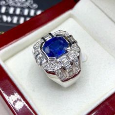 BRAND-NEW!! ONE OF A KIND, HANDCRAFTED RING. EXQUISITE AND FINE CRAFTSMANSHIP! HANDMADE TO LAST FOR AN ETERNITY!! HEIRLOOM PIECE!! PRECIOUS JEWELRY TO BE PASSED ON! PERFECT DRESS RING FOR A GENTLEMAN! 4.63 total carat weight, Certified, Natural blue sapphire ring. This ring offers an important statement of who you are with a 3.21 carats, VIVID BLUE, transparent, CEYLON BLUE SAPPHIRE. Accentuating the BLUE SAPPHIRE are the 46 F/VS, sparkling natural diamonds SUGGESTED RETAIL VALUE: $10,500   BLUE Sapphire Ring Men, Blue Sapphire Diamond Ring, Golden Rings, Ceylon Blue Sapphire, Man Ring, White Gold Earrings Studs, Diamond Rings Design, Blue Sapphire Ring, Ring Men