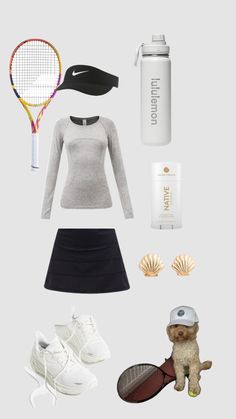 a woman's outfit with tennis racket and shoes