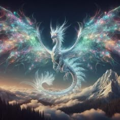 a white dragon flying through the sky over mountains and clouds with colorful lights on its wings