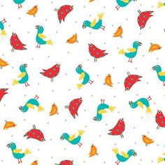 colorful birds on white background with polka dots