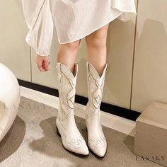 Lasaky - Western Style Embroidered Cowgirl Boots: Knee-High, Pointed Toe, Chunky Heel, Over-the-Knee Riding Boots Botas Western, Platform Boots Women, White Cowboy Boots, Western Shoes, Rough Heels, Pu Boots, Beige Heels, Western Chic, Pointed Toe Boots