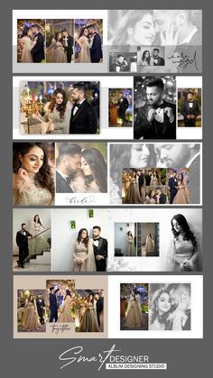 a collage of wedding photos with the bride and groom in black and white colors