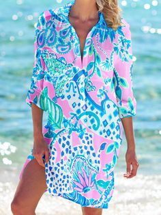 Women's Tropical Floral Print Beach Shirt Dress – Wonder closets Multicolor Split Neck Vacation Dress, Multicolor Split Neck Dress For Vacation, Floral Print Long Sleeve Beach Dress For Beach Party, Long Sleeve Printed Beach Dresses, Printed Long Sleeve Beach Dresses, Long Sleeve Floral Print Beach Dress For Beach Party, Multicolor Long Sleeve Vacation Dresses, Long Sleeve Multicolor Dresses For Vacation, Long Sleeve Floral Beach Dress For Beach Party