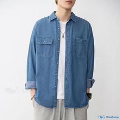 OrcaJump - Fashionable Casual Long-Sleeve Denim Shirt with Minimalist Loose Turn-Down Collar Jacket. Casual Denim Button-up Shirt, Casual Button-up Denim Shirt, Casual Light Wash Cotton Denim Top, Long Sleeve Solid Denim Jacket, Medium Wash Relaxed Fit Long Sleeve Denim Jacket, Medium Wash Relaxed Fit Denim Jacket With Long Sleeves, Medium Wash Relaxed Fit Denim Jacket, Relaxed Fit Long Sleeve Denim Jacket In Washed Blue, Relaxed Fit Long Sleeve Denim Jacket In Medium Wash