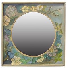 Square Mirror –  Beautiful blue, green, and ivory botanical mirror with flowers and willow branches Mirror With Flowers, Hand Painted Mirrors, Sticks Furniture, Painted Picture Frames, Willow Branches, Hot Plates, Des Moines Iowa, Mirror Painting, Square Mirror