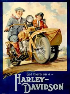 an advertisement for harley davidson motorcycles with two people riding in the sidecar and one person on