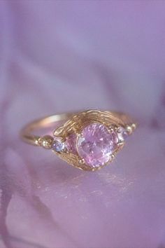 Brilliant Pink Sapphire Moonstone Ring Fine Art Brushstroke Unique Textured 14K Gold Dainty Jewelry Pink Sapphire Three Stone Jewelry, Pink Three-stone Sapphire Jewelry, Pink Sapphire Three-stone Jewelry, Elegant Pink Jewelry With Rose Cut Diamonds, Delicate Pink Jewelry With Rose Cut Diamonds, Luxury Pink Morganite Jewelry, Elegant Three Stone Pink Sapphire Jewelry, Pink Sapphire Jewelry With Gemstone Accents For Wedding, Wedding Jewelry With Pink Sapphire And Gemstone Accents