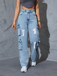 Light Wash Casual Collar  Denim Plain Straight Leg Embellished Non-Stretch  Women Clothing Cute Ripped Jeans, Wide Leg Jeans Outfit, Shein Outfits, Stylish Jeans, Trendy Outfits For Teens, Aesthetic Fits, Cute Pants, Easy Trendy Outfits, Tween Outfits