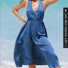 Nwt :) Blue Backless Sundress Midi Dress, Summer Blue Backless Midi Dress, Blue Backless Midi Dress For Vacation, Blue Sleeveless Mini Dress For Vacation, Blue Sleeveless Dress For Summer Brunch, Chic Blue Backless Maxi Dress, Chic Knee-length Dresses For Beach Season, Casual Backless Midi Dress For Day Out, Casual Backless V-neck Dress For Day Out