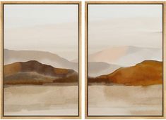 two framed paintings with mountains in the background