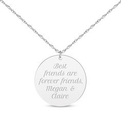 Create an extra special gift with this round disc necklace. Your sentiment is conveyed in an elegant script font on the 14K white gold pendant. The pendant suspends along an adjustable 16-inch rope chain with a 2-inch extender that secures with a spring ring clasp. Adjustable Round Pendant Necklace For Best Friend, Elegant Silver Necklace For Best Friend Gift, Adjustable Round Disc Charm Necklace For Anniversary, Elegant Silver Necklace For Best Friend, Elegant Engraved Text Jewelry, Elegant Round Pendant Necklace For Best Friend, Silver Name Necklace With Round Pendant, Adjustable Silver Name Necklace With Round Pendant, Mother's Day Round Disc Necklaces