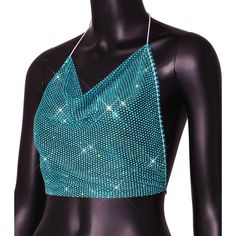 Blue rhinestone see through backless top. Summer Party Mesh Top With Built-in Bra, Evening Backless Top With Built-in Bra, Backless Tops For Summer Party, Backless Summer Party Tops, Stretch Rhinestone Tops For Club, Summer Party Backless Tops, Crop Top With Built-in Bra For Night Out, Chic Embellished Tops For Club, Trendy Party Crop Top With Built-in Bra