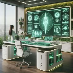 a woman is standing in front of a futuristic desk