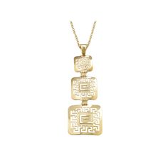 Showcase undeniable style with this 14k gold and sterling silver pendant. Featuring an open-worked Greek key design, this necklace is nothing short of sensational. Wear this pendant with a coordinating bracelet. Click on this JEWELRY & WATCHES GUIDE to learn about fit, styles, materials and more! Gold-infused sterling silver construction emits radiant shine. Details: 2 1/8-in. pendant 18-in. chain Spring-ring clasp 14k gold & sterling silver Size: One Size. Color: Yellow. Gender: female. Age Gro Modern Etched Gold Jewelry, Gold Symbolic Square Pendant Jewelry, Symbolic Gold Square Pendant Jewelry, Symbolic Gold Jewelry With Square Pendant, Luxury Etched Gold Jewelry, Elegant Engraved Square Pendant Jewelry, Elegant Medallion Jewelry With Box Chain, Gold Rectangular Pendant With Etched Details, Gold Etched Rectangular Pendant Jewelry