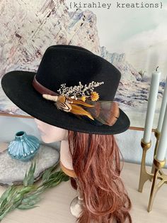 Here is a gorgeous Hat Pin, the perfect rustic or boho accessory for any occasion.   (Listing is for the Feather Pin Only, hat displayed is not included.) Created with gorgeous natural iridescent bronze turkey feathers, accenting gold pheasant and rooster feathers, and black goose feather. Foliage in a light beige-y gray and gold perfectly compliment. The base has been wrapped with burlap twine. You can stick this into your existing hat band like shown, or use the brooch pin attached on the back Bohemian Adjustable Felt Hat For Kentucky Derby, Adjustable Bohemian Felt Hat For Kentucky Derby, Adjustable Bohemian Brown Costume Hats And Headpieces, Bohemian Brimmed Costume Hats And Headpieces, Bohemian Handmade Costume Hats For Country Events, Adjustable Brown Bohemian Costume Hats And Headpieces, Bohemian Costume Hats For Country Events, Bohemian Flat Brim Hats For Kentucky Derby, Bohemian Adjustable Headpieces For Spring