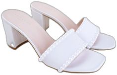 Feminine Wedding Shoes With Block Heel, Elegant Summer Wedding Guest Shoes, Pearl Embellished Heels For Wedding Guest, Elegant Pearl Embellished Block Heels, Elegant Low Heel Wedding Shoes For Summer, Elegant Block Heels For Bridesmaids, Pearl Embellished Low Heels For Summer, Elegant Open Toe Sandals For Bridesmaids, Feminine Wedding Sandals With Padded Heel