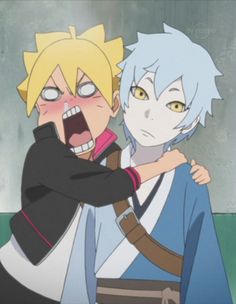 two anime characters hugging each other with one holding the other's arm around his neck