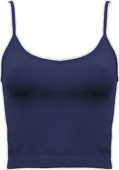 Solid Crop Top Camisole With Built-in Bra, Blue Seamless Spaghetti Strap Crop Top, Seamless Blue Spaghetti Strap Crop Top, Blue Seamless Crop Top With Spaghetti Straps, Blue Cami Crop Top Bra Friendly, Blue Bra-friendly Camisole Crop Top, Blue Cami Crop Top, Bra Friendly, Trendy Solid Camisole Crop Top, Blue Camisole Crop Top With Built-in Bra