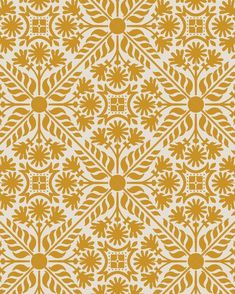 a yellow and white wallpaper with an intricate design