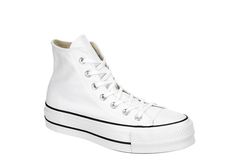 White Converse Womens Chuck Taylor All Star High Top Platform Sneaker | Athletic | Rack Room Shoes White Cotton Platform Sneakers With Round Toe, White Cotton Round Toe Platform Sneakers, Trendy White Cotton Platform Sneakers, Converse White Platform Sneakers, White Converse Platform Sneakers, White Cotton Platform Sneakers With Vulcanized Sole, White High-top Sneakers With Thick Bottom, White High-top Platform Sneakers For Summer, White Converse Platform High-top Sneakers