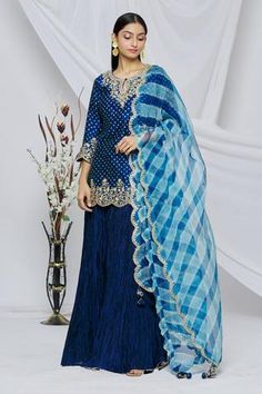 Shop for Surbhi shah Blue Pure Spun Silk Bandhani Print Kurta Skirt Set for Women Online at Aza Fashions Leheriya Dupatta, Kurta Skirt, Sheer Dupatta, Kurta Lehenga, Bandhani Print, Printed Embroidery, Scallop Border, Blue Kurta, Embroidered Motifs