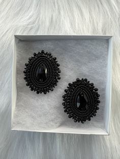 Beaded Earrings  * 11/0 Seed Beads (Black and Black Matte) * Edged with SS6 Rhinestone Chain (Black) Native Bead Work, Black Beaded Earrings, Seed Beads Jewelry, Native Beading Patterns, Handmade Beaded Earrings, Native Beading, Beaded Earrings Native, Earring Inspo, Beaded Things