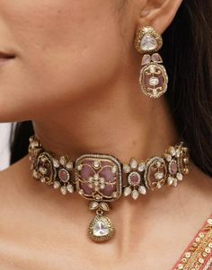 Victorian Kundan choker with pink/Red colored stones and Kundan and Zirconia Necklace with matching earrings The Necklace has adjustable Dori. The Earrings Have Pushbacks. Comes in few colors Indian Wedding Necklace, Desi Jewelry, Kundan Choker Necklace, Indian Choker, Kundan Jewellery Set, Wedding Necklace Set, Kundan Choker, Necklace Indian, Zirconia Necklace