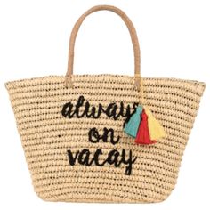 Natural Straw Tote With Embroidered Graphic 'Always On Vacay' From C.C This Bag Is Everything You Need For A Stylish Trip To The Lake, Beach Or Pool! 21"(W) X 14"(H) X 11"(D) Lined Wall Zipper Pocket Double Wall Pocket Black Embroidered "Always On Vacay" Tassel Accent Color: Natural New With Tags, Smoke-Free Home You'll Be Vacation, Beach, And Pool Ready With This C.C Always On Vacay Woven Straw Tote! Embroidered Natural Bags For Vacation, Casual Embroidered Natural Bag, Embroidered Natural Beach Bag For Vacation, Embroidered Straw Bag For Beach In Spring, Casual Embroidered Tote Beach Bag, Casual Embroidered Straw Tote Bag, Summer Travel Bag With Embroidered Details, Beige Embroidered Straw Bag For Beach, Embroidered Travel Bags For Beach Season