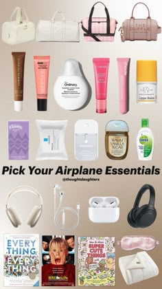 the contents of an airplane are shown in this graphic style, including earbuds, headphones, and other items