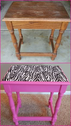 a pink table with zebra print upholstered on the top and bottom, before and after