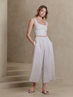 Linen-Blend Cropped Wide-Leg Pant | Banana Republic Factory Casual High-waisted Bottoms With Pleated Waist, Casual High Waist Bottoms With Pleated Waist, Casual Summer Bottoms With Seam Detailing, Casual Wide-leg Bottoms With Pleated Waist, Casual Wide-leg Pants With Pleated Waist, Casual High-waisted Pleated Pants, Casual High-waist Pants With Pleated Waist, Chic Bottoms With Seam Detailing For Summer, Casual High Waist Pants With Pleated Waist