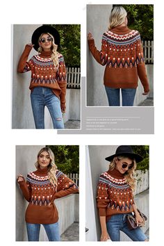 Fall Halloween Pumpkin Sweater, Pullover Brown Crewneck Knit Sweater, Retro Stripe Sweater Winter Brown Tops With Fair Isle Pattern, Brown Fair Isle Winter Top, Winter Fair Isle Pattern Brown Tops, Winter Long Sleeve Sweater With Fair Isle Pattern, Casual Turtleneck Top With Fair Isle Pattern, Winter Jacquard Knit Tops, Fair Isle Sweater For Fall And Winter, Long Sleeve Fair Isle Outerwear For Fall, Fair Isle Pattern Sweater For Fall