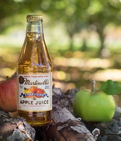 a bottle of apple juice sitting on top of a tree stump next to an apple