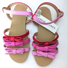 Multi Bow Pink Color Gold Buckle Size-1 Spring/Summer Sandals Brand: Janie And Jack New With Tags Pink Fun Sandals For Vacation, Cute Pink Flat Sandals, Fun Pink Sandals For Summer, Fun Pink Summer Sandals, Playful Pink Sandals For The Beach, Cute Red Sandals For Summer, Playful Red Open Toe Sandals, Playful Pink Synthetic Sandals, Playful Pink Beach Sandals