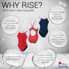 an advertisement for swimsuits with the words why rise? and three different colors