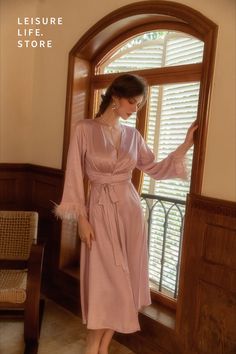 Satin Feather Trim Robe Silky Satin Bridal Nightgown Bridesmaids Feather Trim Robe Wedding Feather Trim Nightgown Honeymoon Wardrobe, Nightwear Fashion, Romantic Nights, Chic Loungewear, Nightgown Lace, Bridal Nightgown, Luxury Nightwear, Robe Wedding, Feather Wedding