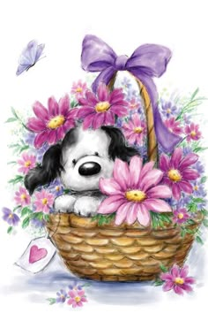 a dog is sitting in a basket with flowers and a purple bow on its head