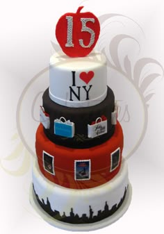 a three tiered cake with the number 15 on top and i love new york written on it