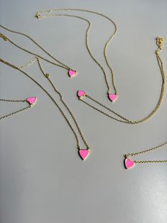 Dainty Pink Heart Necklace, Gold Heart Necklace, Pink Heart Enamel Necklace, Sterling Silver, 14K Gold Plated Necklace, Delicate Heart Charm - Etsy Türkiye Cute Gold Heart Necklace With Heart Beads, Dainty Pink Heart Cut Necklaces, Dainty Pink Heart Cut Necklace, Pink Gold Heart Pendant Necklace, Valentine's Day Pink Necklace With Delicate Chain, Valentine's Day Pink Gold Heart Necklace, Heart Shaped Pink Gold Necklace For Mother's Day, Pink Gold Heart Necklace For Valentine's Day, Pink Dainty Heart Necklace For Mother's Day