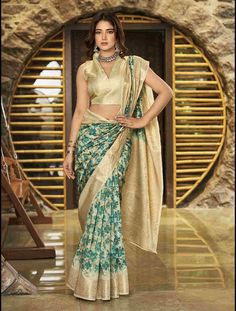 Floral Printed Litchi Jacquard Saree On Rutbaa