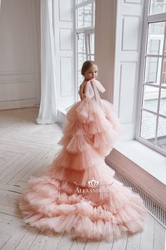 AL056 | alexandrina Tulle Ruffle Dress For Gala, Tulle Ball Gown Dresses With Ruffles, Pink Tulle Dress With Long Train, Long Train Tulle Dresses, Pink Voluminous Tiered Dress, Tulle Evening Dress With Ruffles, Pink Tiered Voluminous Dress, Pink Tiered Dress With Voluminous Skirt, Princess Style Fitted Dress With Detachable Train