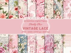 vintage lace digital paper pack with flowers and laces on pink, blue, white and grey