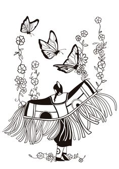 a black and white drawing of a woman with butterflies on her head, surrounded by flowers