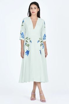 VERONICA DRESS | FANM MON (Wombman Collection) Spring Formal Midi Dress With Floral Embroidery, Elegant Dresses With Floral Embroidery And 3/4 Sleeves, Spring Midi Dress With Floral Embroidery For Daywear, Spring Floral Embroidery Midi Dress For Daywear, Spring Floral Embroidered V-neck Midi Dress, Spring Floral Embroidery V-neck Midi Dress, Chic V-neck Midi Dress With Floral Embroidery, V-neck Midi Dress With Floral Embroidery, Blue Floral Embroidered V-neck Midi Dress