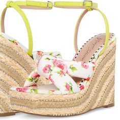 Betsey Johnson Pansie Platform Ankle Strap Espadrilles Size Us 9m Floral Pattern And Shimmering Espadrille Heel Enhance The Summery Style And Boho-Chic Vibe Of The Betsey Johnson Pansie Wedge Sandal. This Sandal Has Adjustable Ankle Strap For A Custom Fit And Has Open Square Toe For A Trendy Touch. Adjustable Buckle Strap Closure 1.5" Espadrille Platform, 5" Espadrille Wedge Heel Retail - $85.00 Style Type - Espadrilles Collection - Betsey Johnson Material - Pu Upper And Lining/Flocked Outsole F Spring Fabric Sandals With Cushioned Footbed, Beach Fabric Platform Heels, Closed Toe Fabric Wedge Sandals For Vacation, Straw Ankle Strap Heels For Spring, White Wedge Sandals With Heel Strap For Summer, Spring Sandals With Wrapped Flat Heel, Fabric Wedge Heel Sandals For Summer, Spring High Heel Espadrille Heels, Fabric Sandals With Removable Insole For Spring