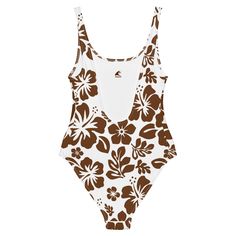 Live your best beach life in our Brown Hawaiian Flowers on White One-Piece Swimsuit. With a beautiful floral print and flattering fit, this swimsuit is perfect for all shapes and sizes. The silky smooth material will have you feeling the Aloha love while you chill at the beach or pool. Now that's something to be Extremely Stoked about!• 82% Polyester, 18% Spandex• Chlorine-resistant fabric• Cheeky fit with a scoop neckline and a low scoop back• Zig-zag stitching• Double-layer front• Four-way str Summer Tropical Print Swimwear, Hawaiian Spring Surfing Swimwear, Summer Tropical Print Swimwear For Sunbathing, White Tropical Print Tankini For Vacation, Tropical One-piece Swimwear For Beach Season, White Tankini With Tropical Print For Vacation, Tropical Sleeveless One-piece For Sunbathing, Casual Bodysuit For Surfing In Beach Season, Printed White Tankini For Vacation